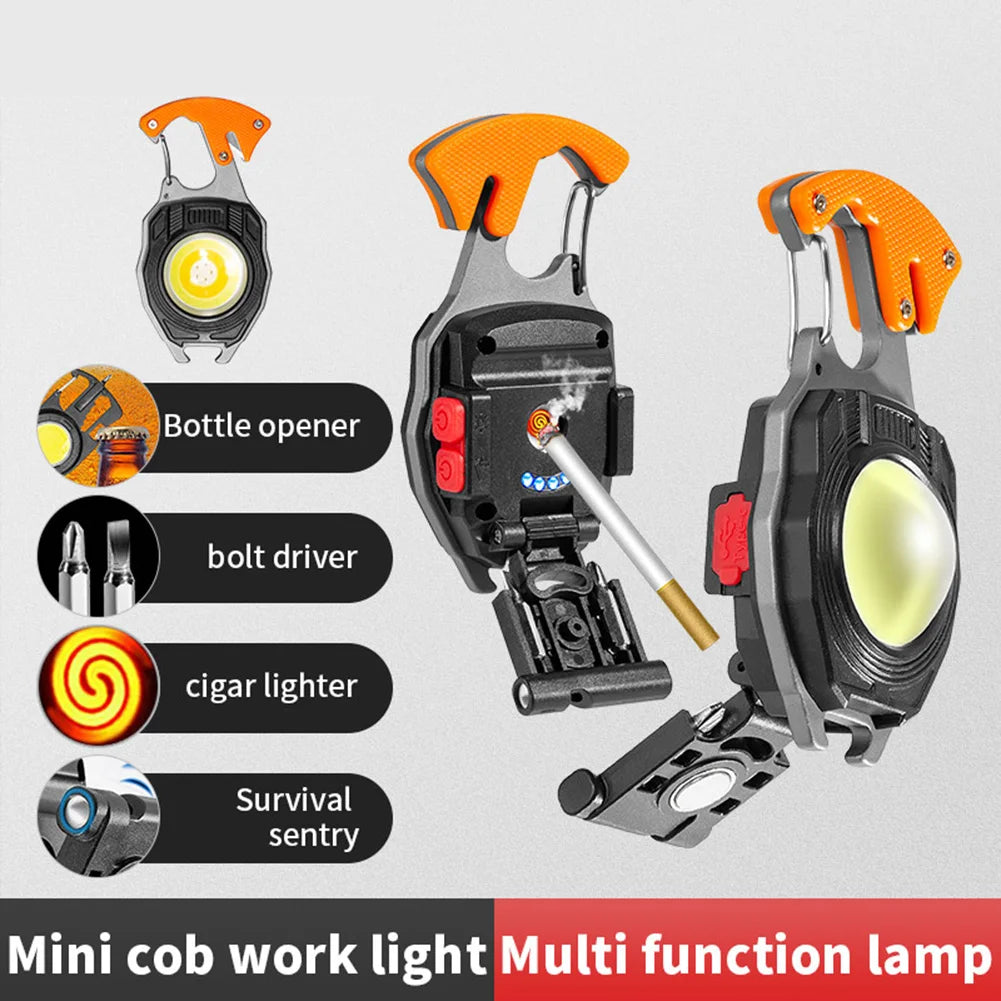 Multifunction Keychain COB Work Lights Strong Magnet Mini Torch with Cigarette Lighter Screwdriver USB Rechargeable Flashlight