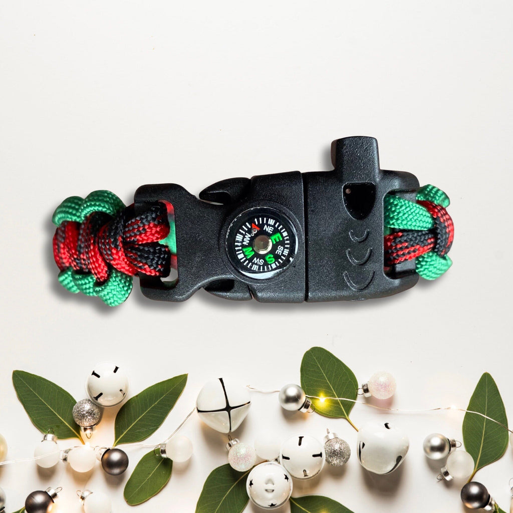 Paracord Holiday Survival Bracelet, Green, Red and Black