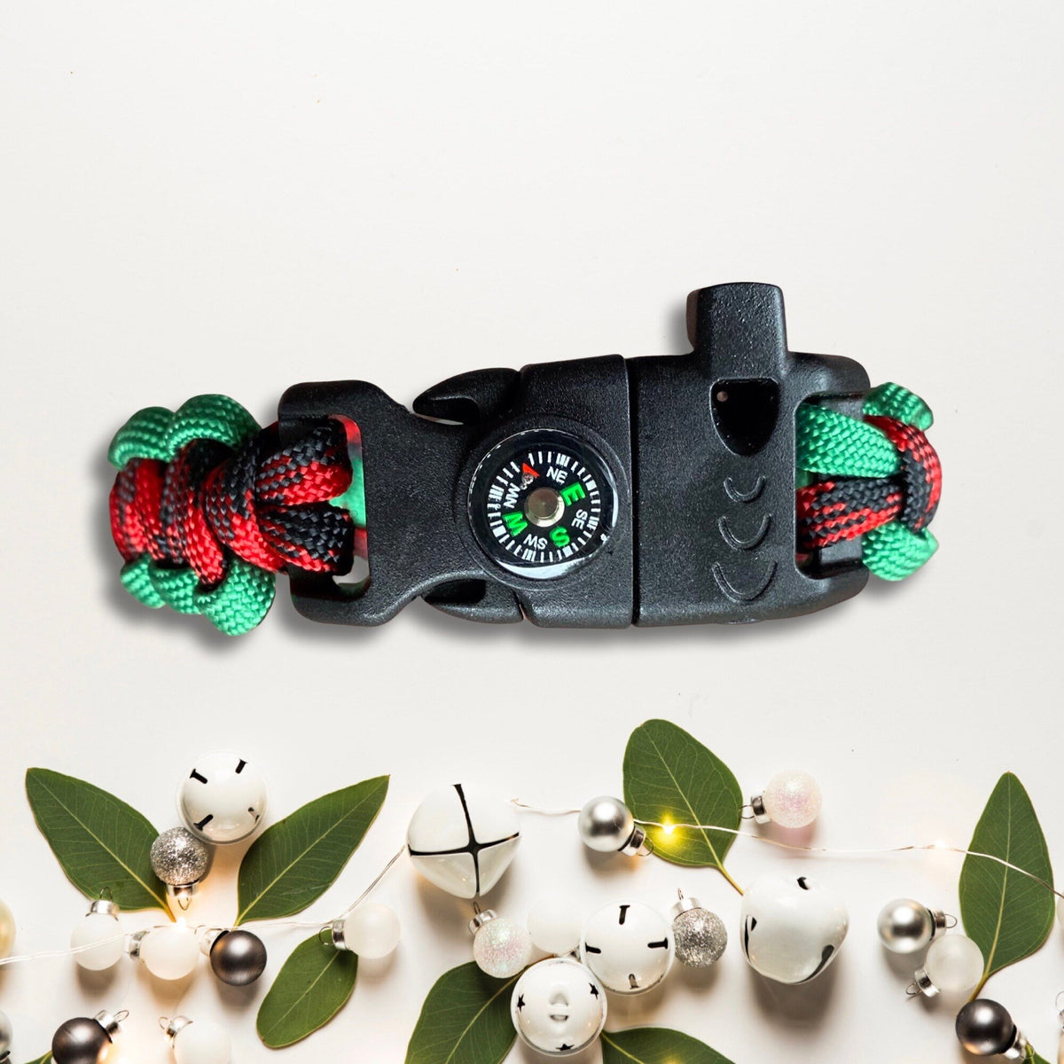 Paracord Holiday Survival Bracelet, Green, Red and Black