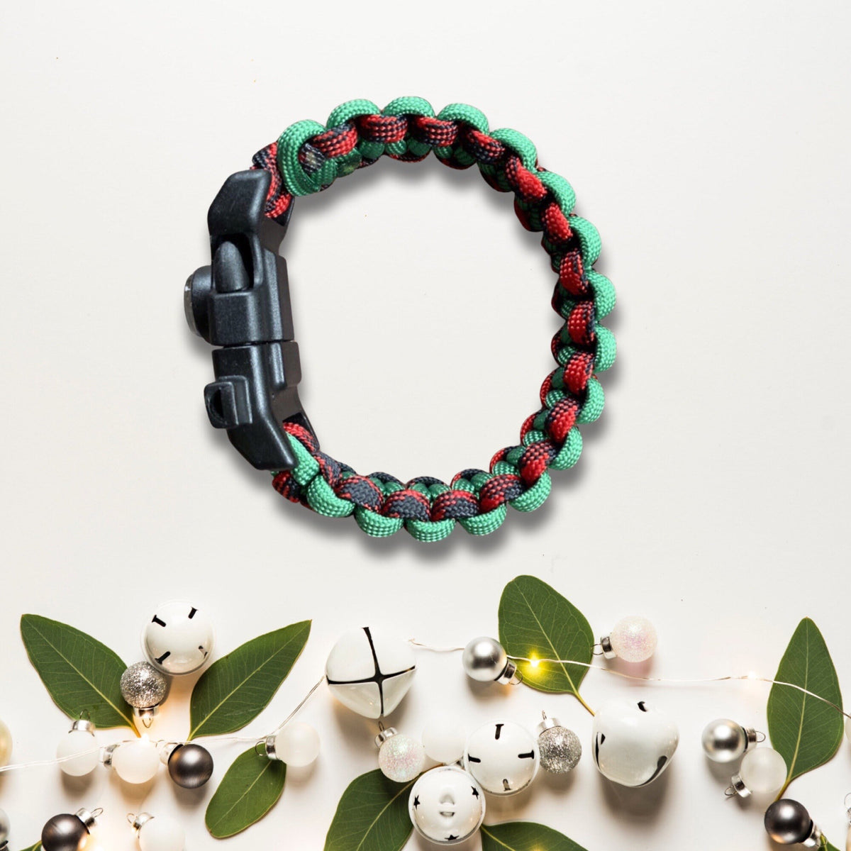 Paracord Holiday Survival Bracelet, Green, Red and Black