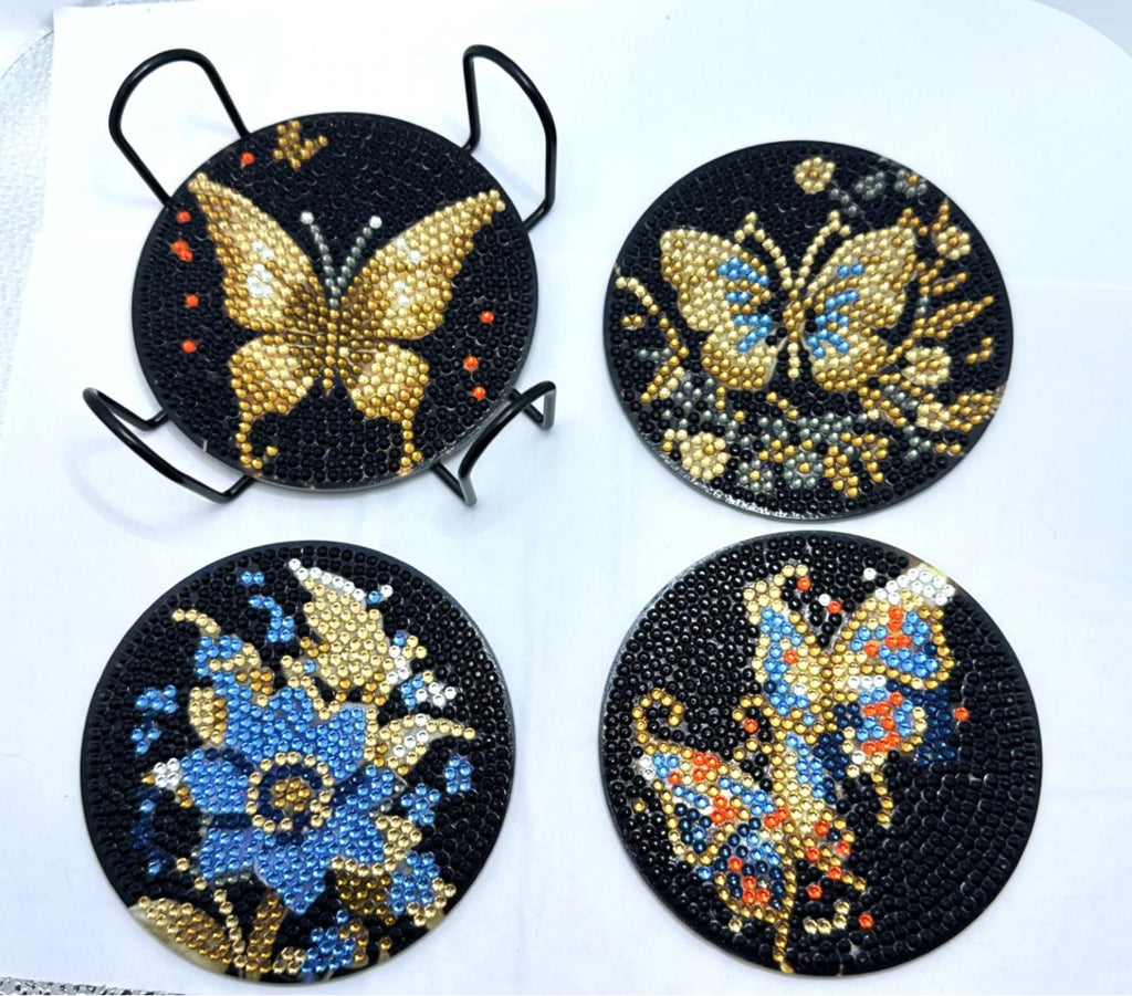 Butterfly and Flower Diamond Art Coasters, Finished, 8 Pack