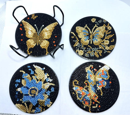 Butterfly and Flower Diamond Art Coasters, Finished, 8 Pack