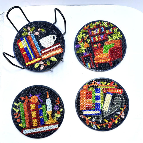 Book Theme Diamond Art Coasters, Finished, 8 Pack, No. 005