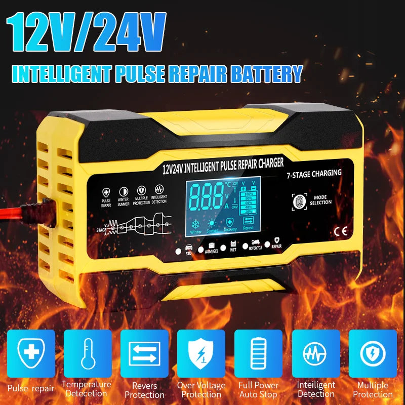 Car Battery Charger Fully Automatic Car 12V 10A 24V 5A Smart Fast Charging for AGM GEL WET Lead Acid Battery Charger LCD Display