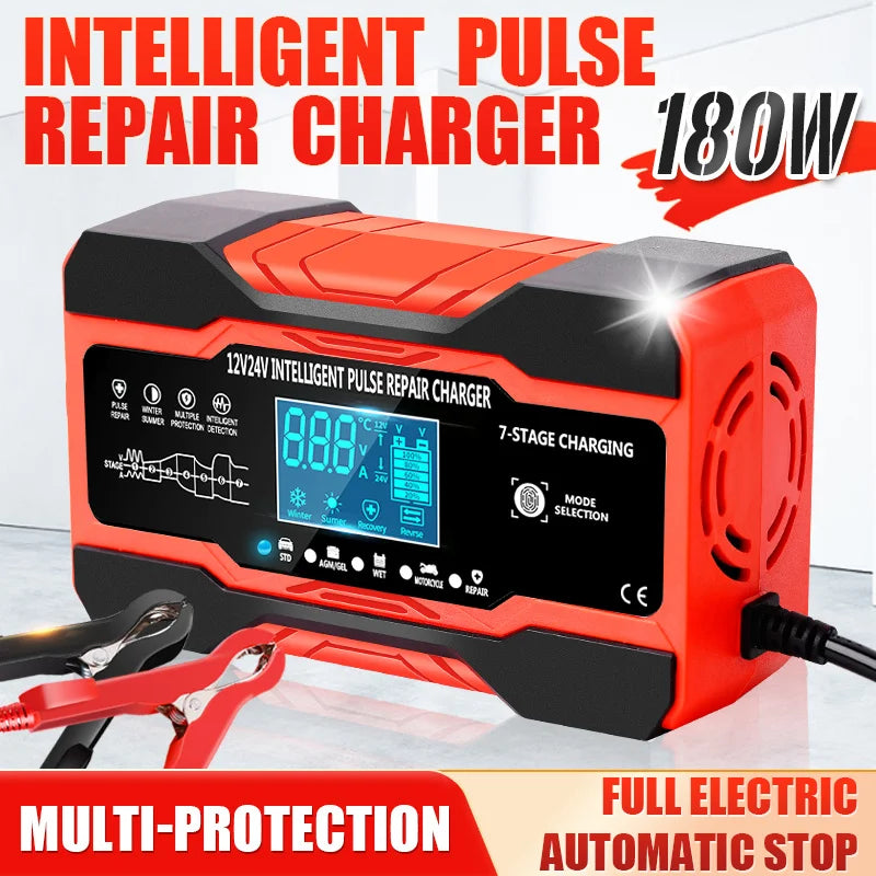 Car Battery Charger Fully Automatic Car 12V 10A 24V 5A Smart Fast Charging for AGM GEL WET Lead Acid Battery Charger LCD Display
